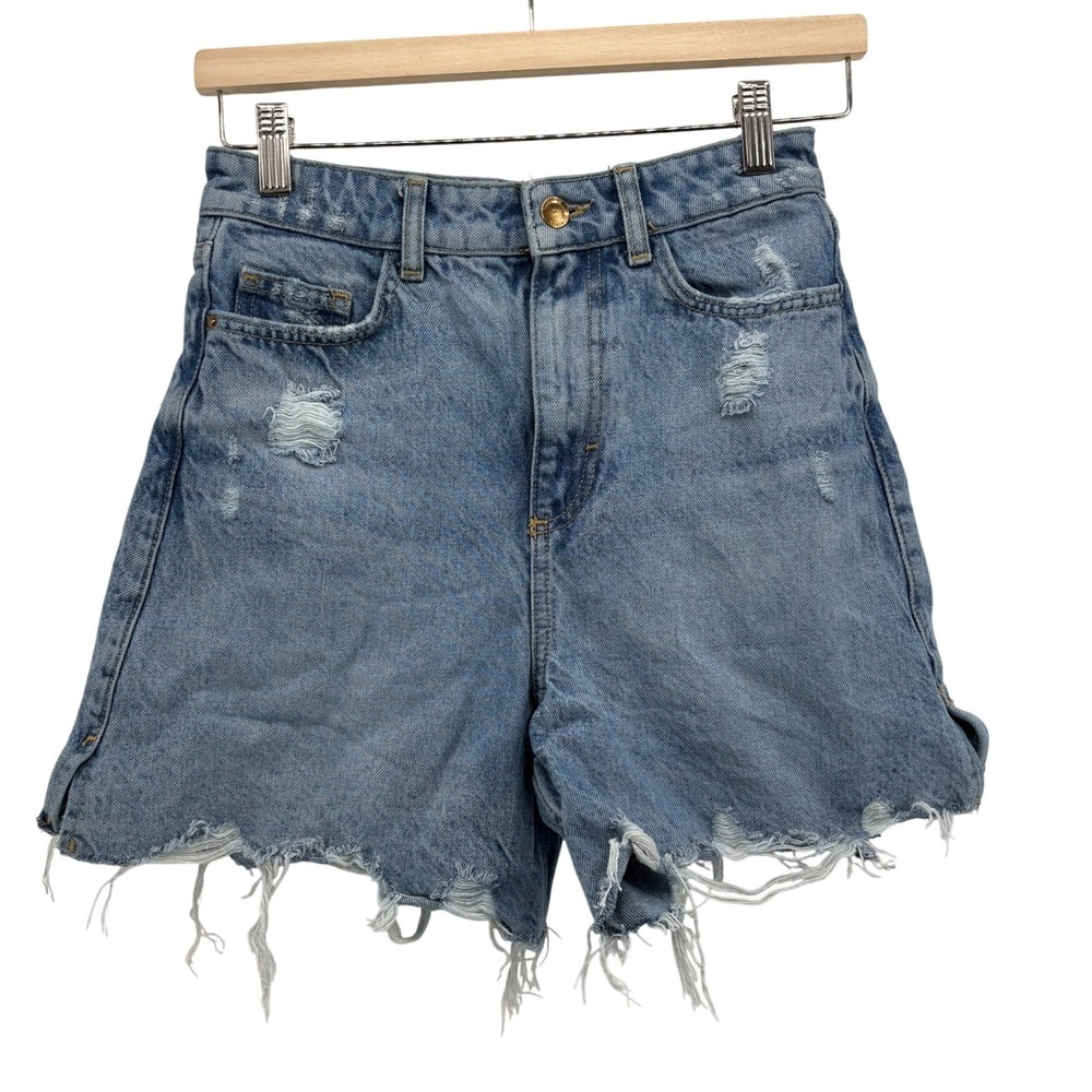 Zara Denim Shorts Womens 2 Blue High Waisted Distressed Raw Hem Cotton Cut Offs